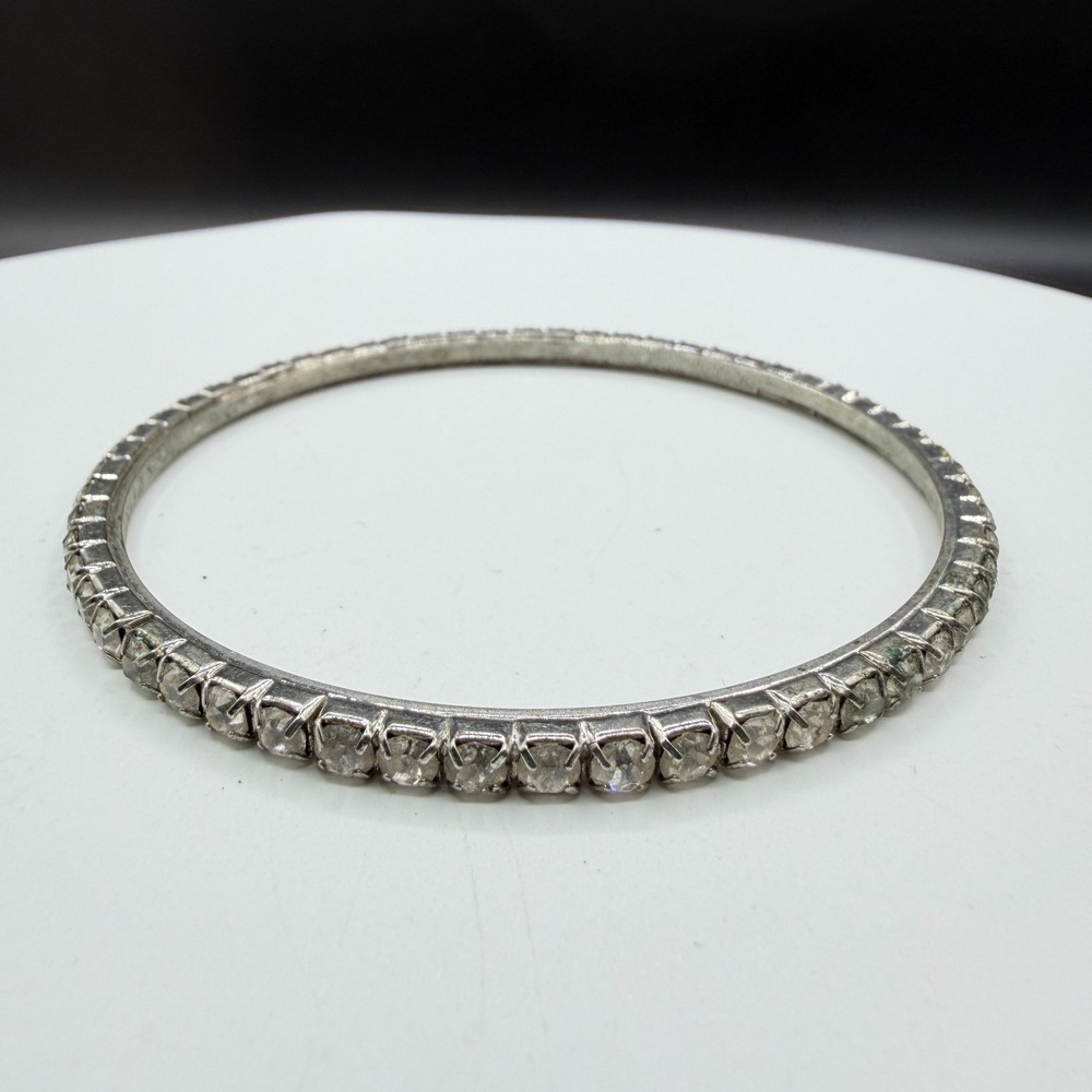 Clear Rhinestone Silver Tone Bangle Bracelet Bridal Glam Statement Gift for Her